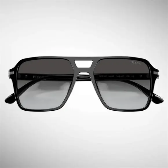 NEW PRADA Sunglasses Black Aviator Pilot 55-17mm Grey Lens Silver Logo
